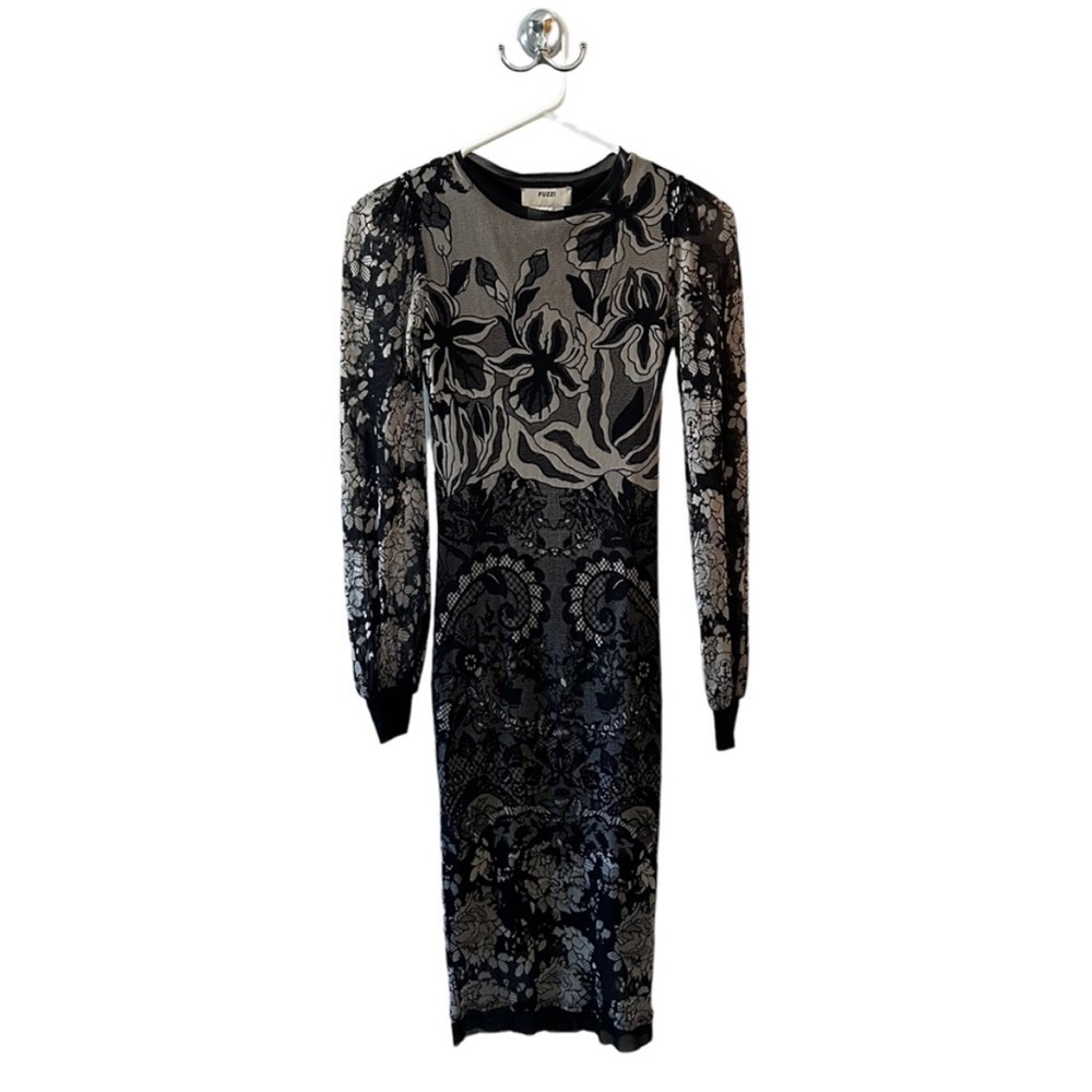 FUZZI Floral Lace Print Mesh Bodycon Dress Long Sleeve Evening Cocktail Party XS